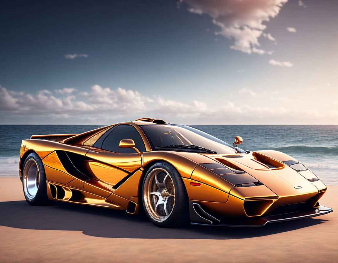 Orange Sports Car with Black Detailing on Sandy Beach with Ocean Waves and Blue Sky