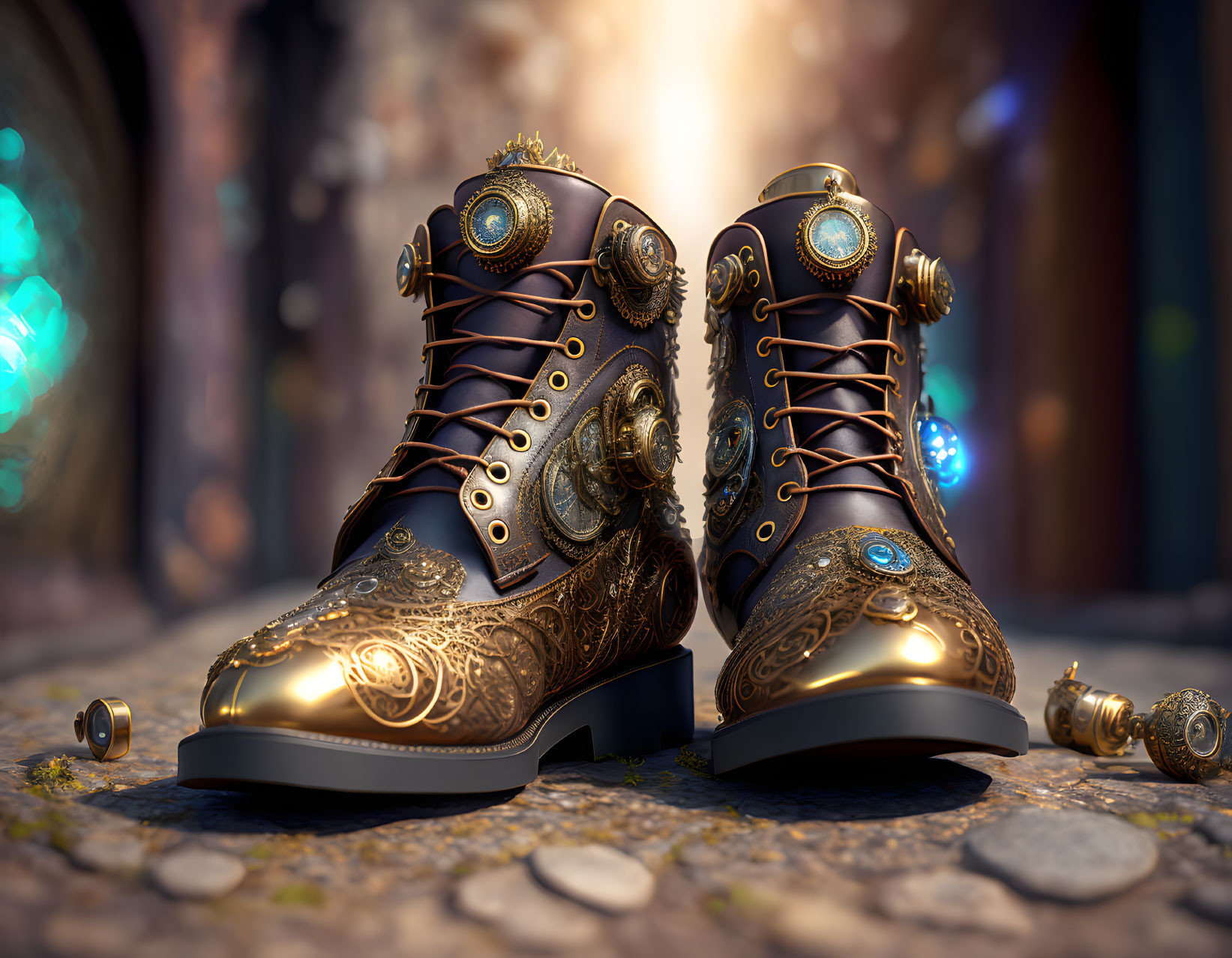 Intricate steampunk boots with clockwork details in mysterious alley