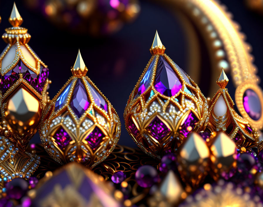 Luxurious Golden Jewelry with Purple Gemstones on Dark Background