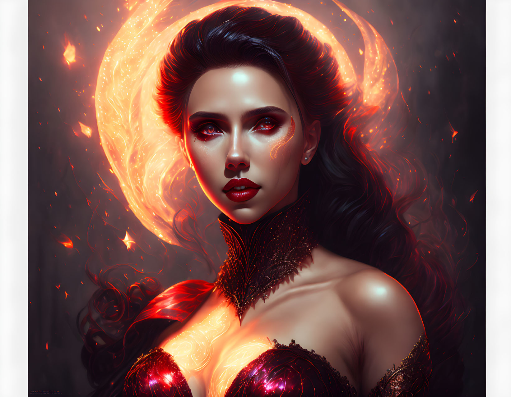 Digital portrait: Woman with glowing red eyes and fiery elements swirling around her head.