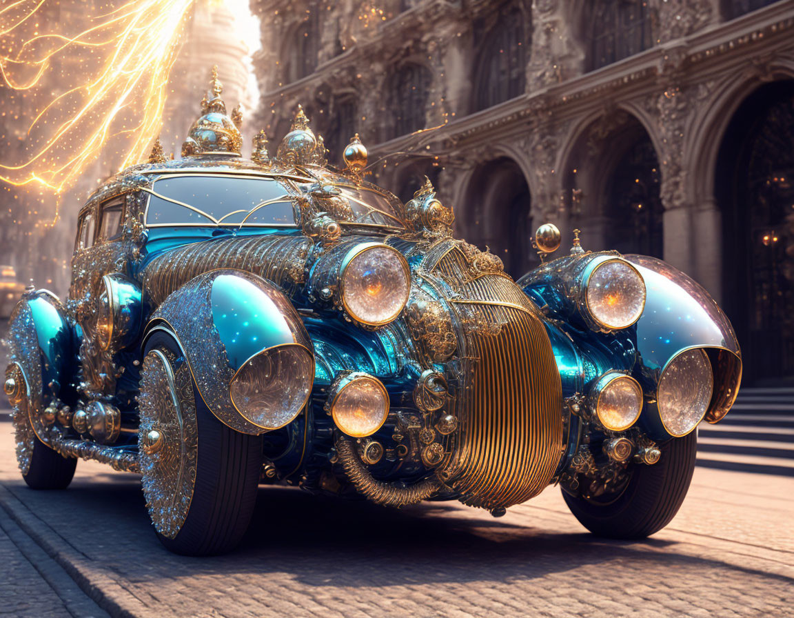 Vintage Car with Glowing Ornaments and Magical Light in Cobblestone Street