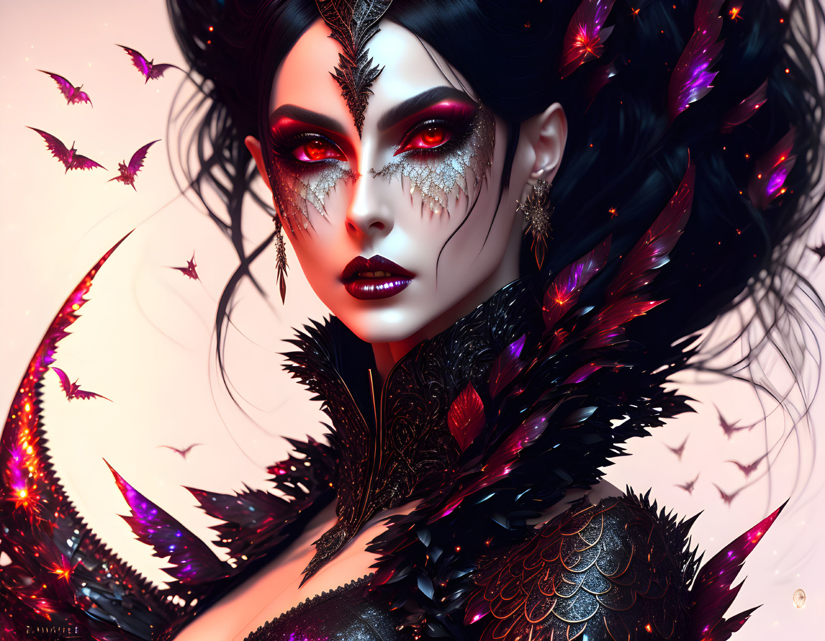 Digital artwork featuring woman in dark feathered attire with red, black-winged butterflies, pale skin,