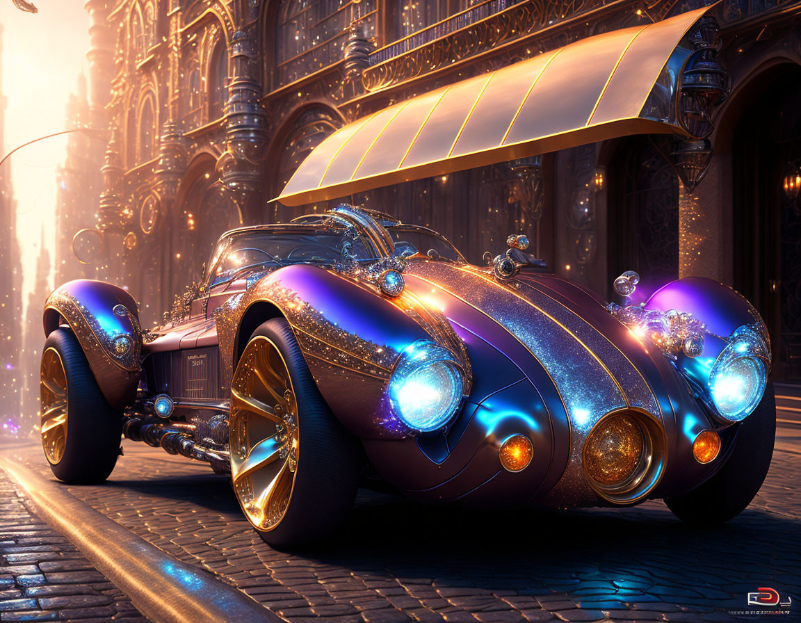 Purple and Gold Hot Rod with Chrome Details in Fantasy Cityscape