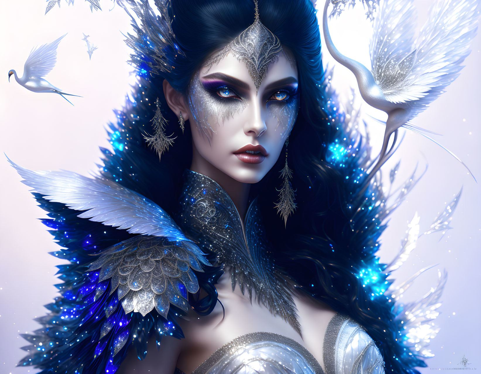 Fantastical art: Woman with blue & black feathered adornments & silver headpiece