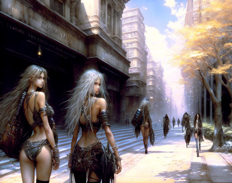 Digital artwork: Two female warriors with silver hair in city street scene.