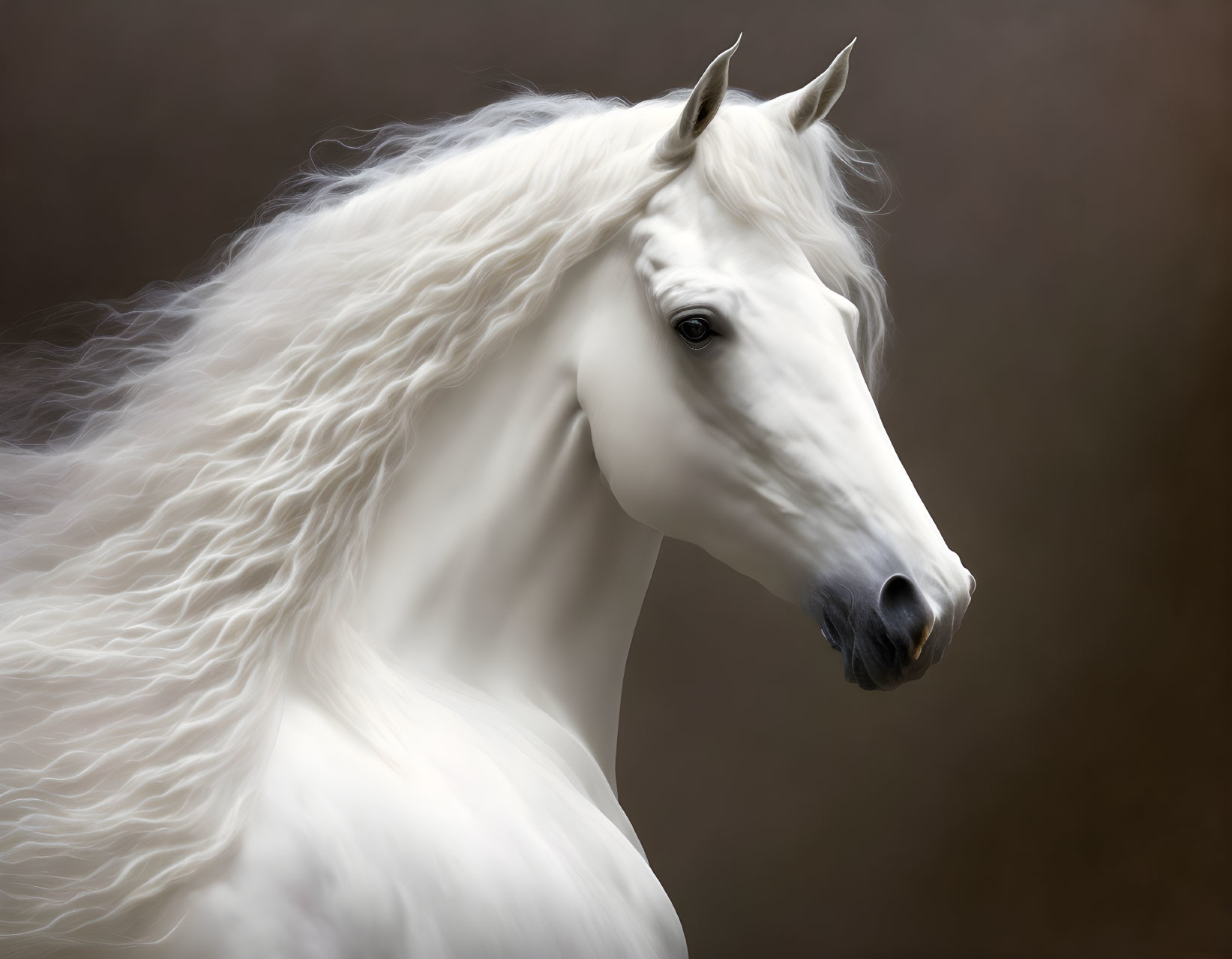 Majestic white horse with flowing mane on soft brown background