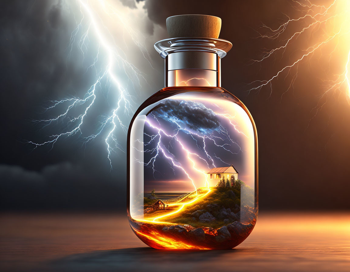 Digital artwork featuring glass bottle with miniature storm scene and larger thunderstorm background