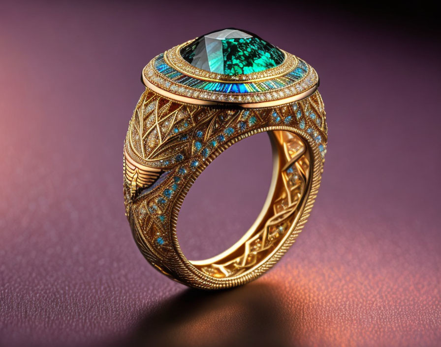 Elegant gold ring with green gemstone and blue accents on textured surface