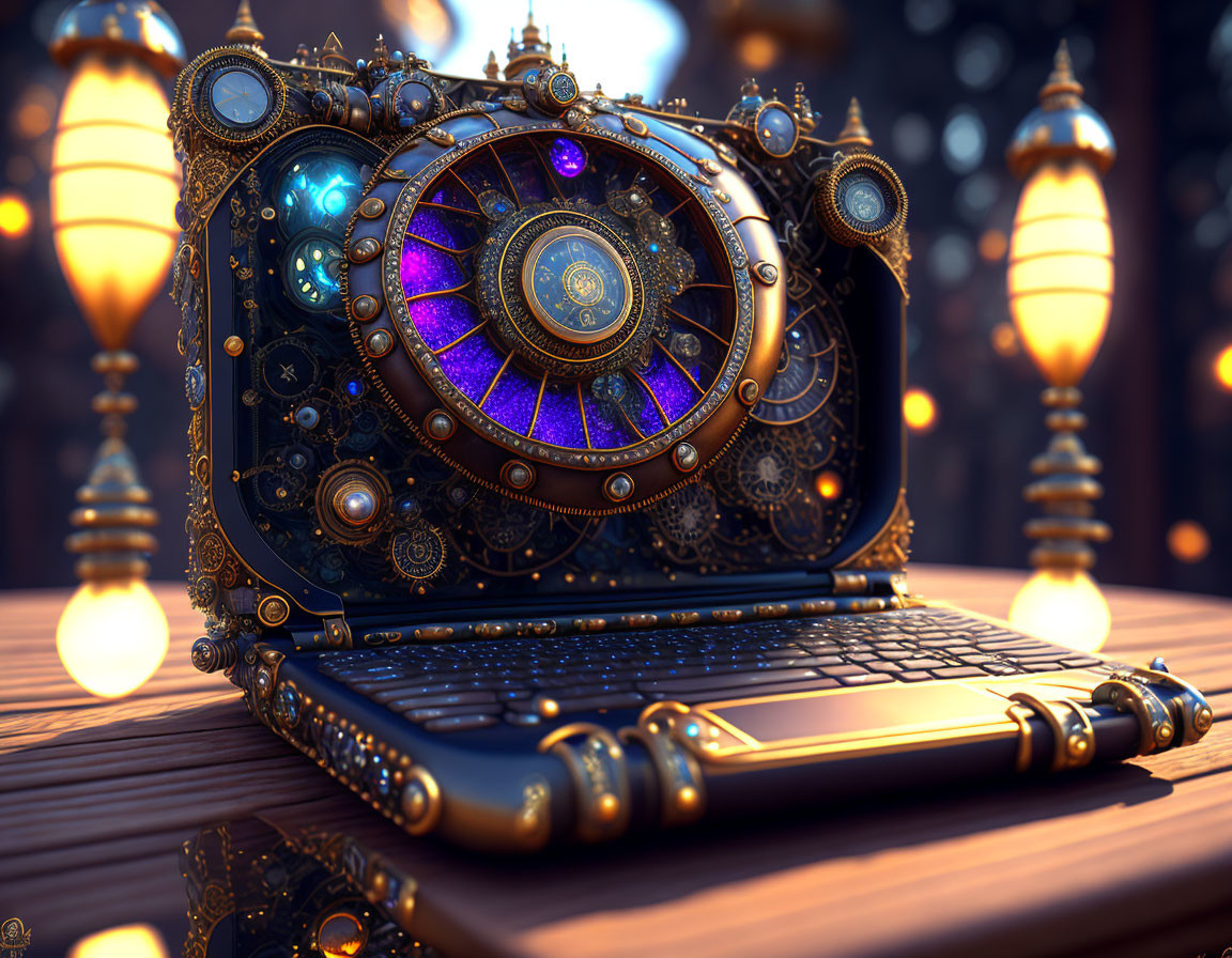 Intricate steampunk-style laptop with metallic detailing and glowing accents