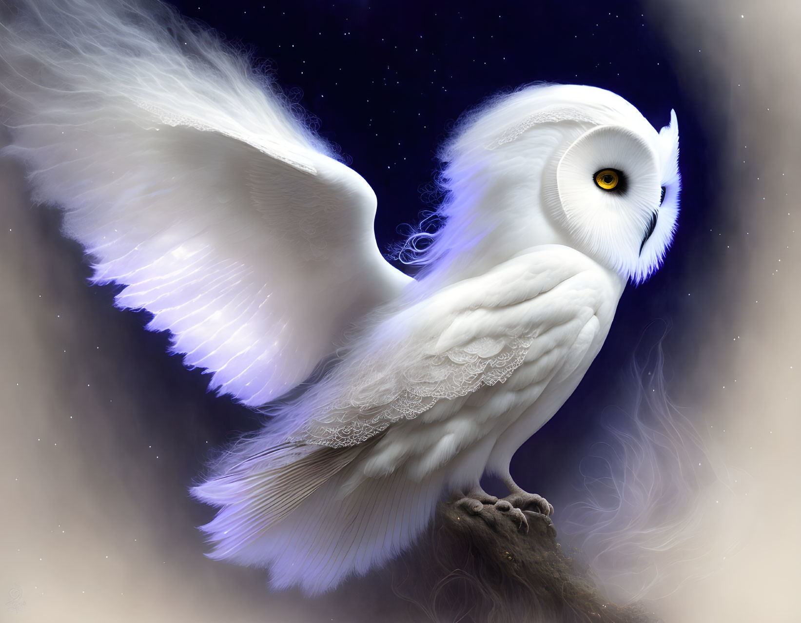 White Owl with Glowing Wings in Fantasy Night Sky