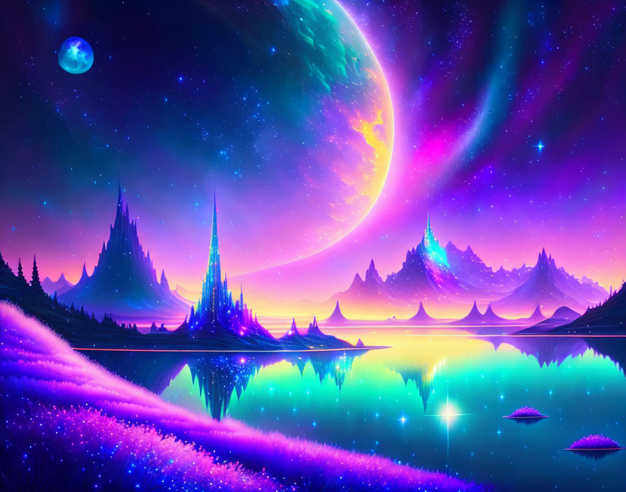 Colorful Sci-Fi Landscape with Neon Reflections, Planets, Auroras, and Futuristic Mountains