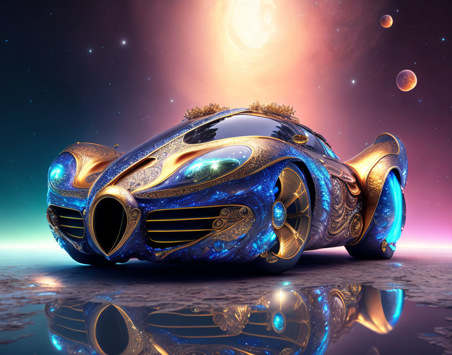 Futuristic car with golden and blue swirling patterns under celestial sky