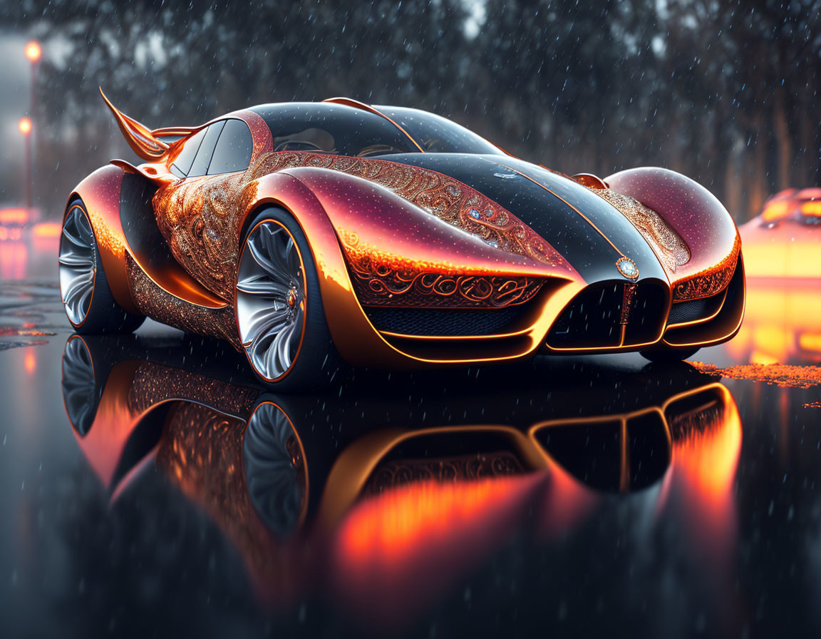 Futuristic copper-finished car reflecting on wet urban road