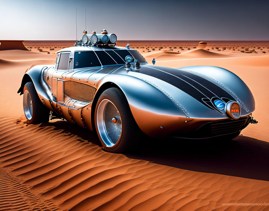 Futuristic chrome car driving in desert landscape