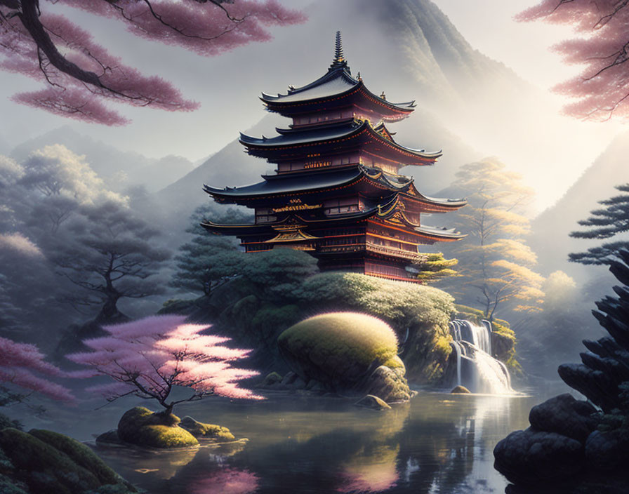 Tranquil multi-tiered pagoda in lush greenery with cherry blossoms and misty waterfall