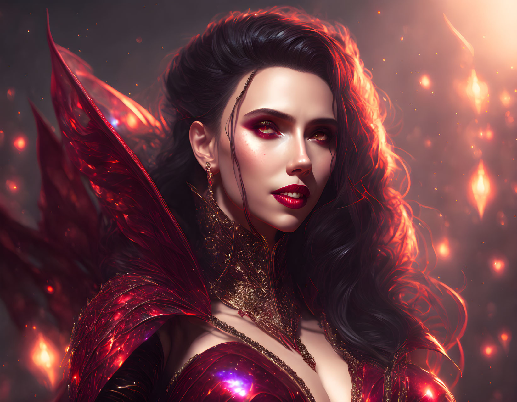 Dark-haired woman with glowing red wings and fiery background in ornate attire