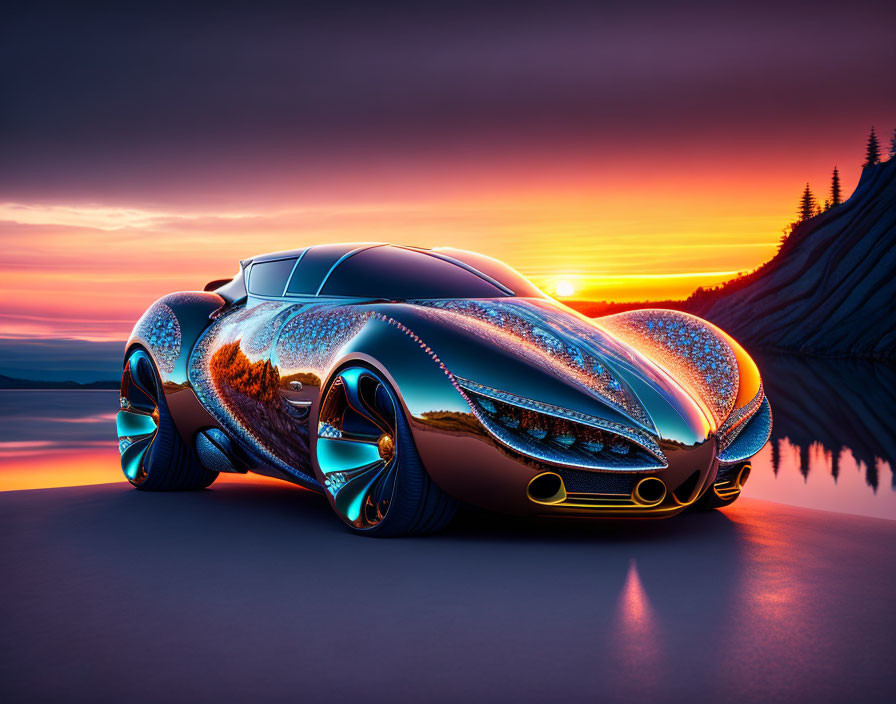 Futuristic car with sleek curves by lakeside at sunset