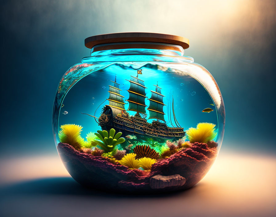 Colorful Fishbowl with Sunken Ship and Coral on Blue Background