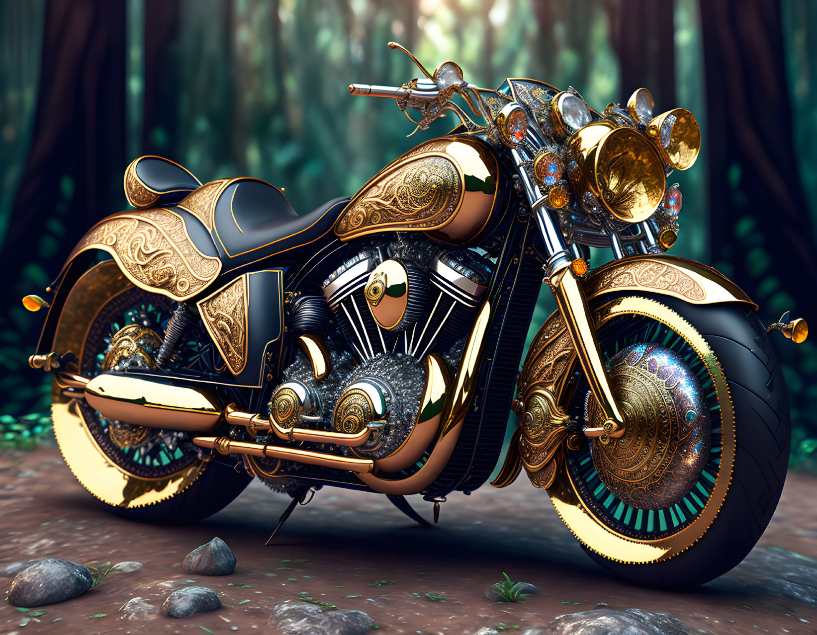 Gold motorcycle in jungle