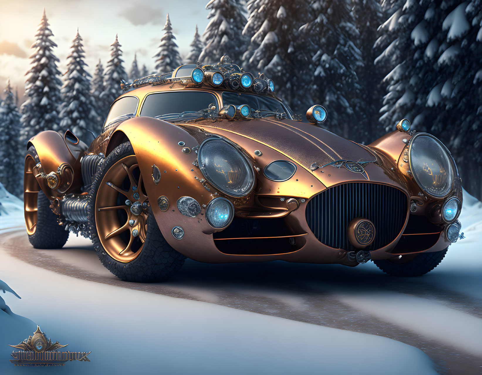 Vintage bronze car with futuristic modifications parked in snowy forest scene