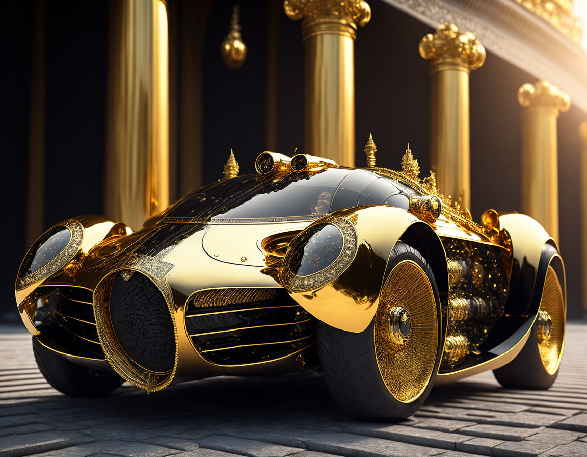 Luxurious golden car parked in front of opulent pillars