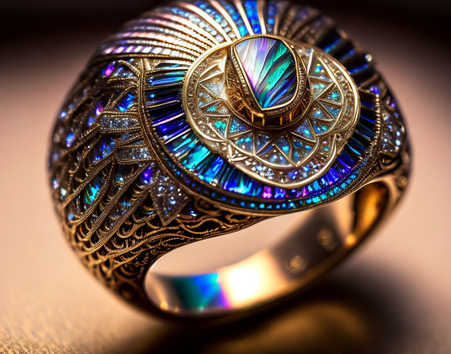 Golden ring with iridescent gemstone and geometric patterns on warm backdrop