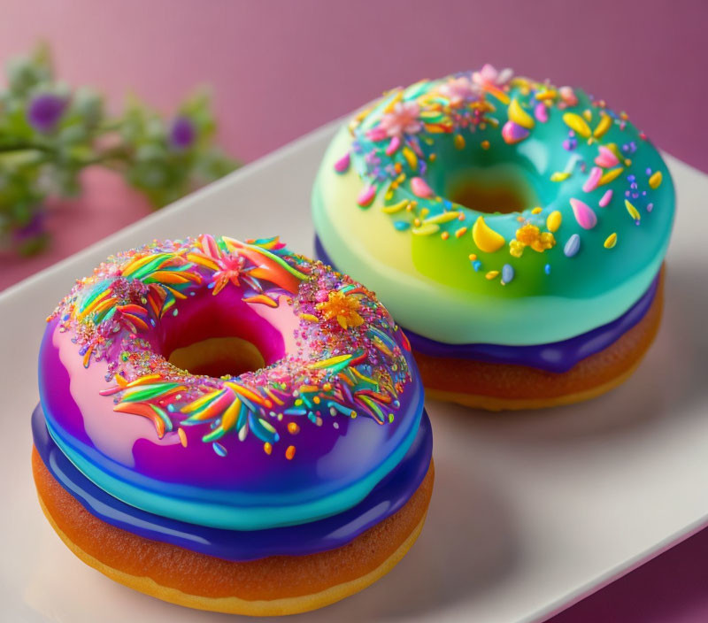 Colorful Glazed Donuts with Sprinkles on White Plate