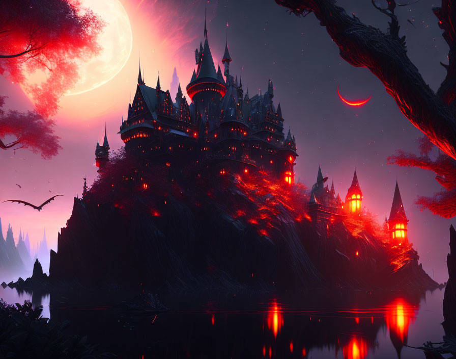 Gothic castle night scene with red moon and crescent moons by calm lake