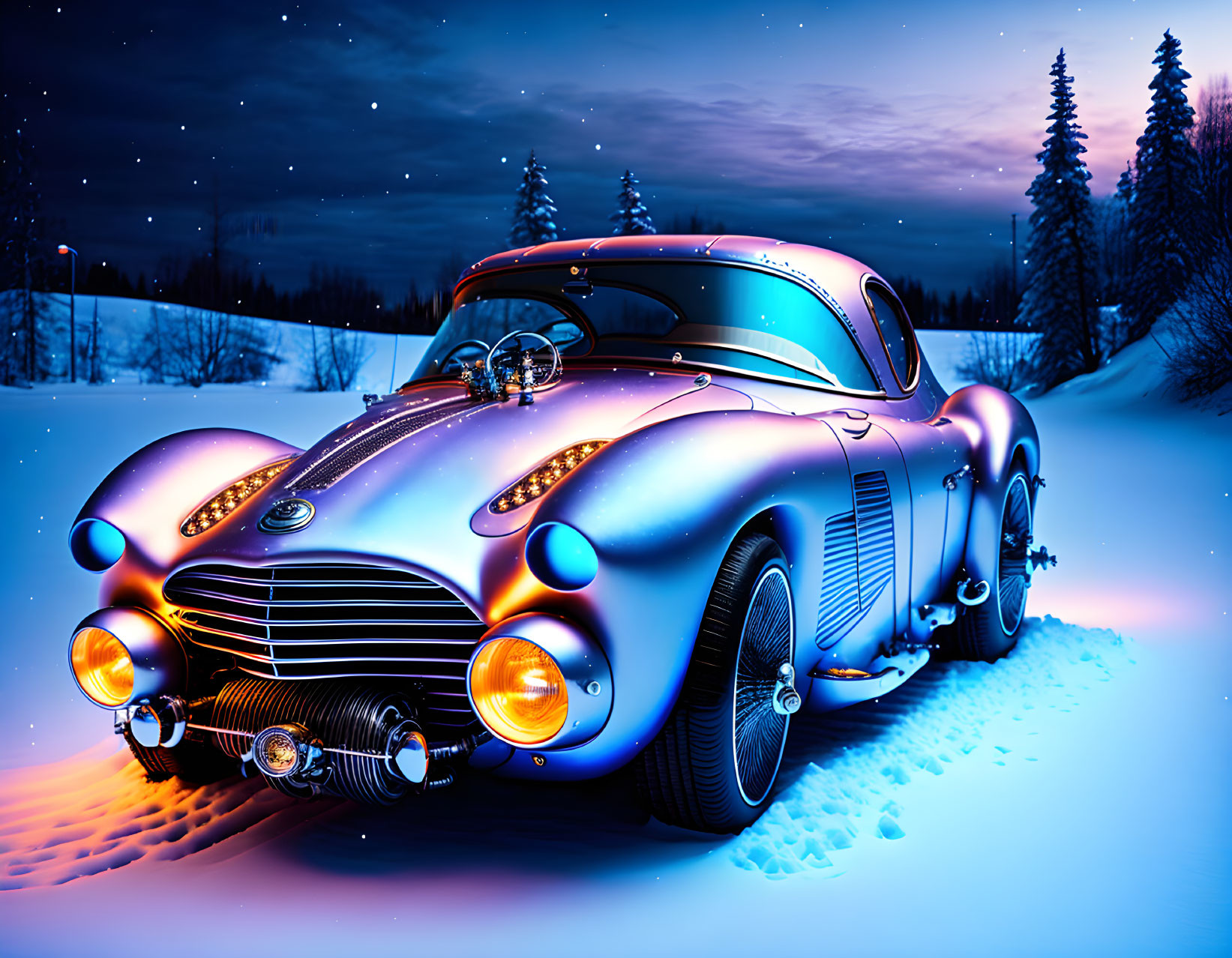 Vintage car with chrome details in snowy night scene