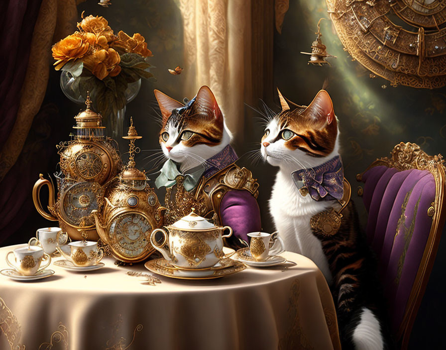 Victorian-themed elegant cats at ornate tea table