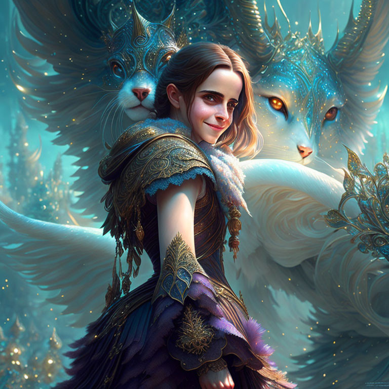 Young woman with subtle smile and mystical blue cats in magical setting