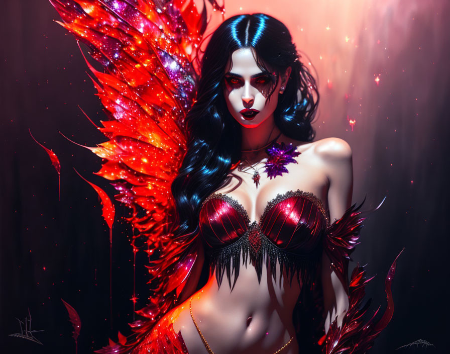 Digital artwork of woman with vibrant red wings and makeup in dramatic red-themed costume