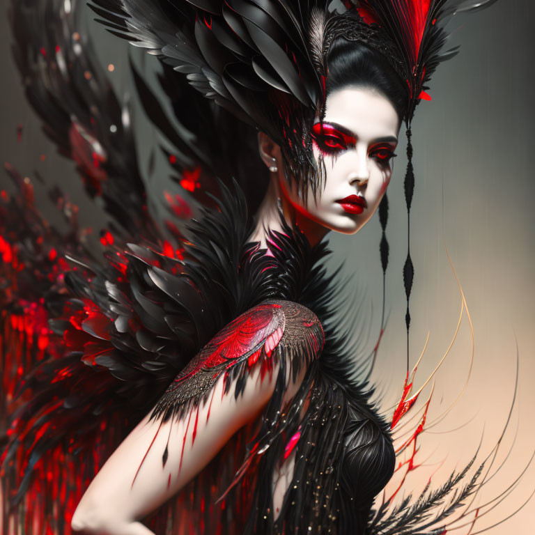 Person with red and black feathered wings and striking red makeup.