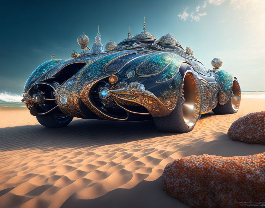 Ornate Fantasy Vehicle with Spherical Elements on Sandy Beach