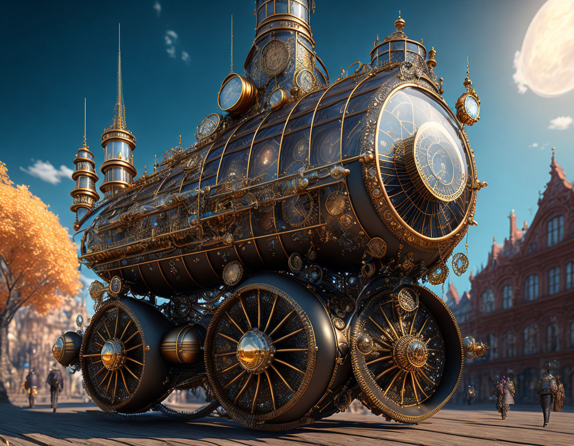 Steampunk-inspired vehicle with brass detailing on cobblestone path