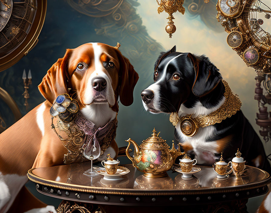 Regal dogs in formal attire with tea set and golden clocks