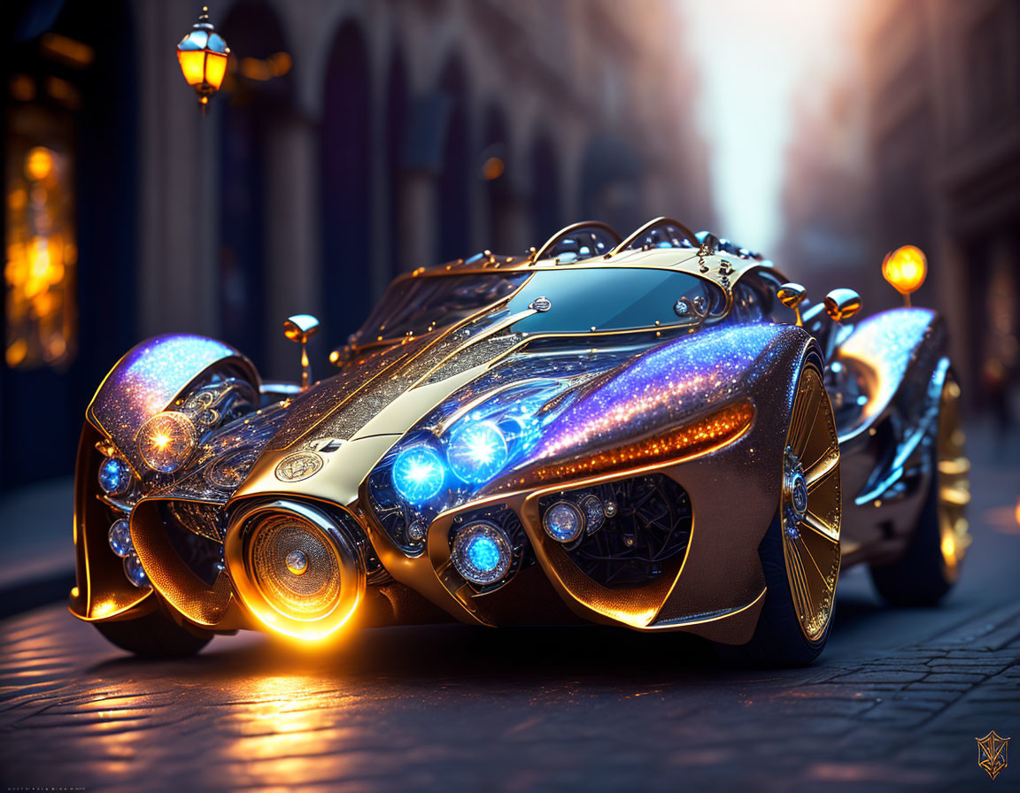 Luxurious Futuristic Car with Gold and Chrome Finish on Cobblestone Street at Dusk