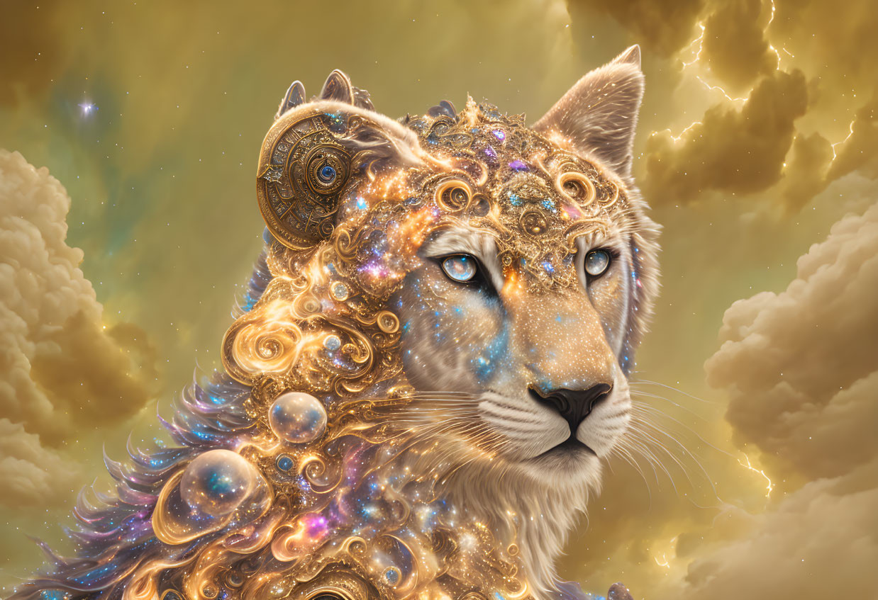 Majestic celestial lion with gold and gemstone embellishments on golden clouds