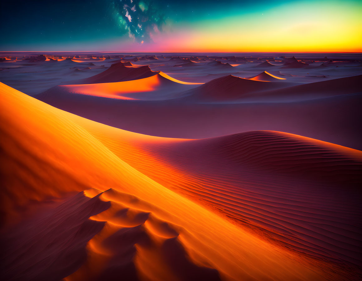 Colorful Sunset Desert Landscape with Orange Dunes and Starry Sky