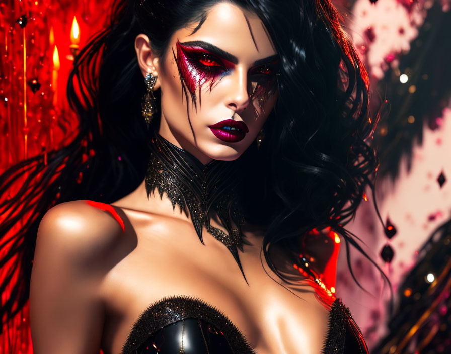 Woman with Dramatic Red Eye Makeup and Dark Lipstick in Ornate Black Attire on Red Spark