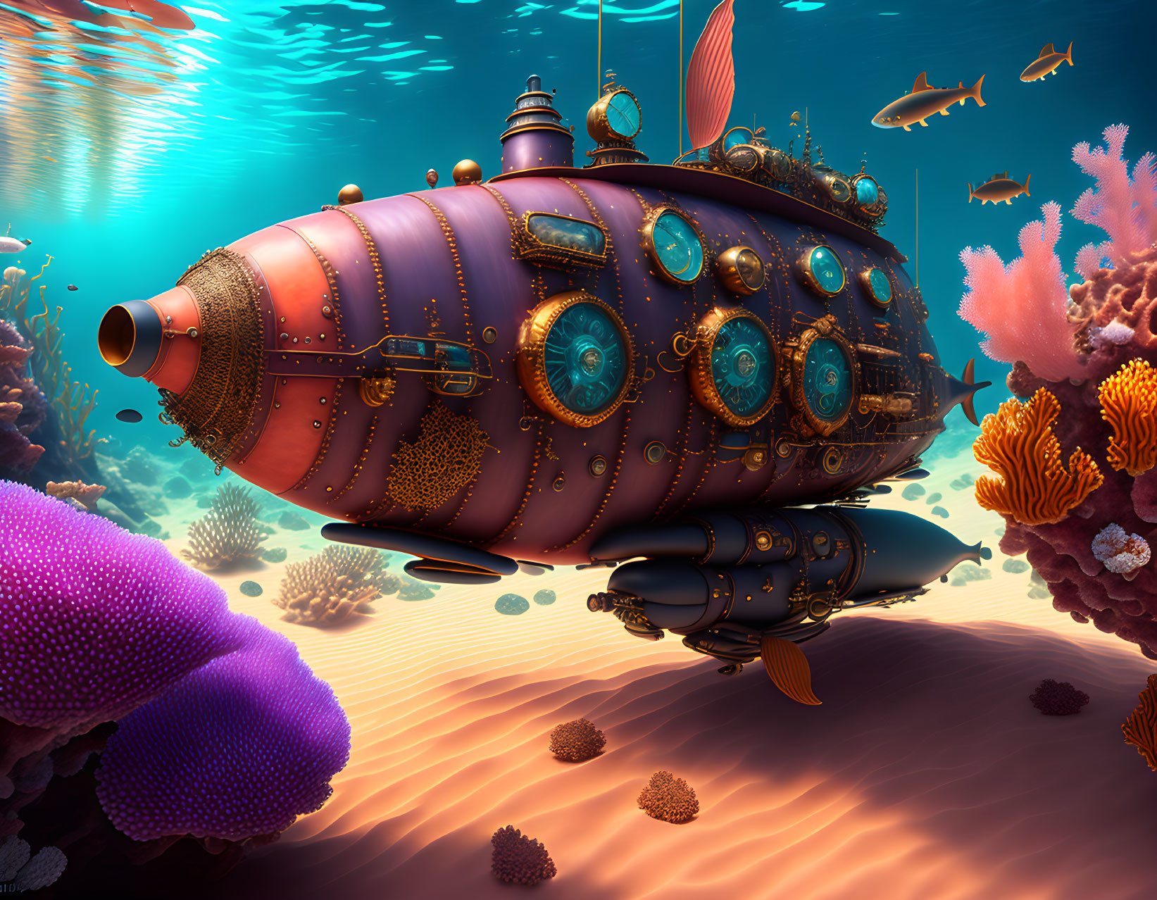 Steampunk-style submarine exploring vibrant underwater landscape