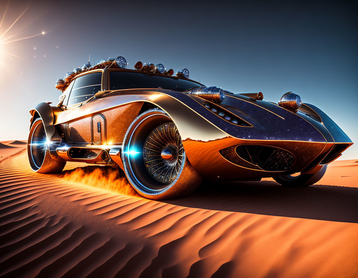 Futuristic car with metallic body and blue accents racing in desert landscape