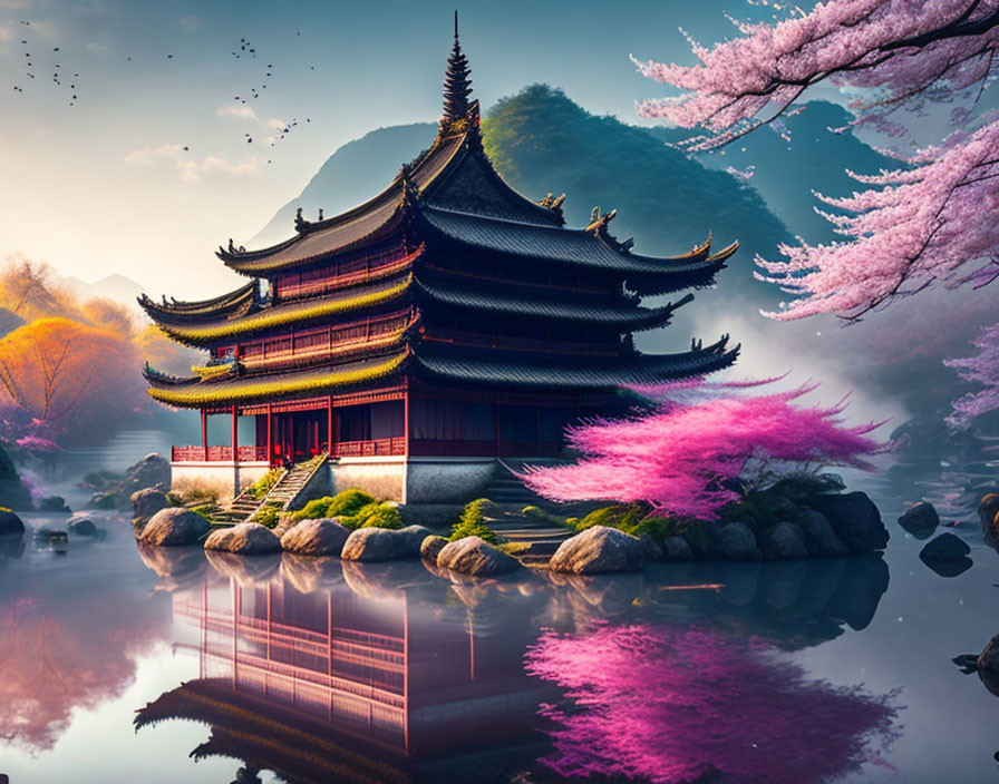 East Asian Pagoda Surrounded by Cherry Trees and Lake Reflections