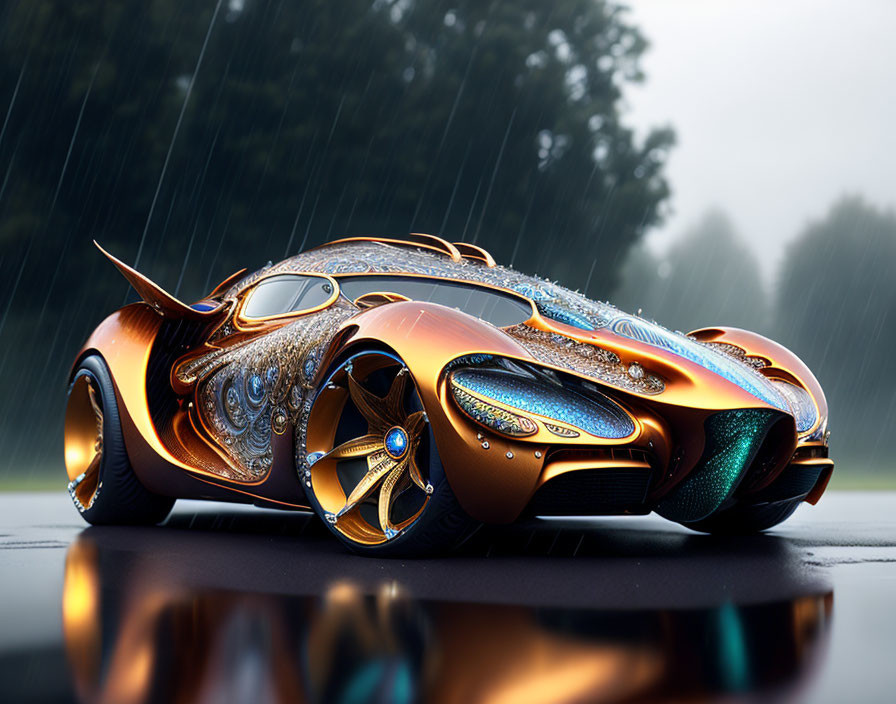 Luxurious futuristic orange car with intricate wet surface design.