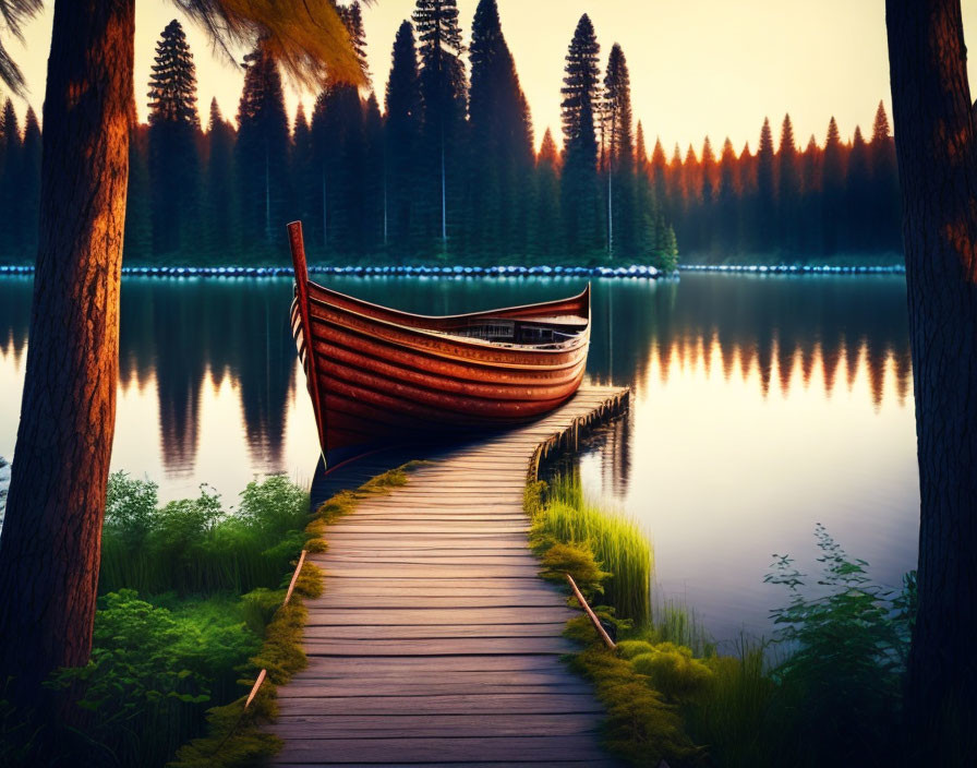 Tranquil lake scene with wooden dock, red canoe, lush trees, and sunset light.