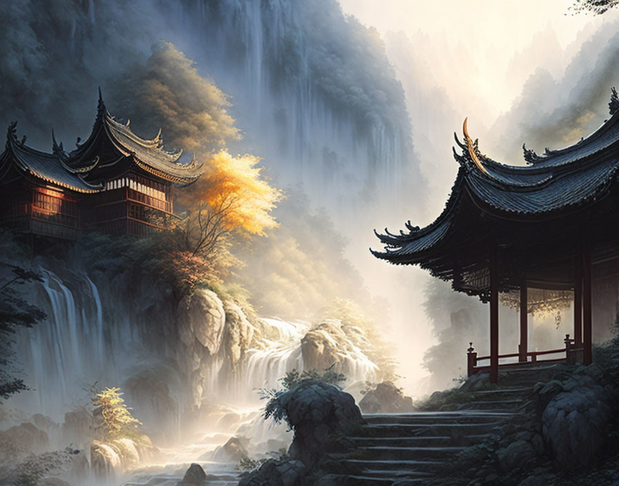 Traditional Asian pavilions by cascading waterfalls in misty mountains