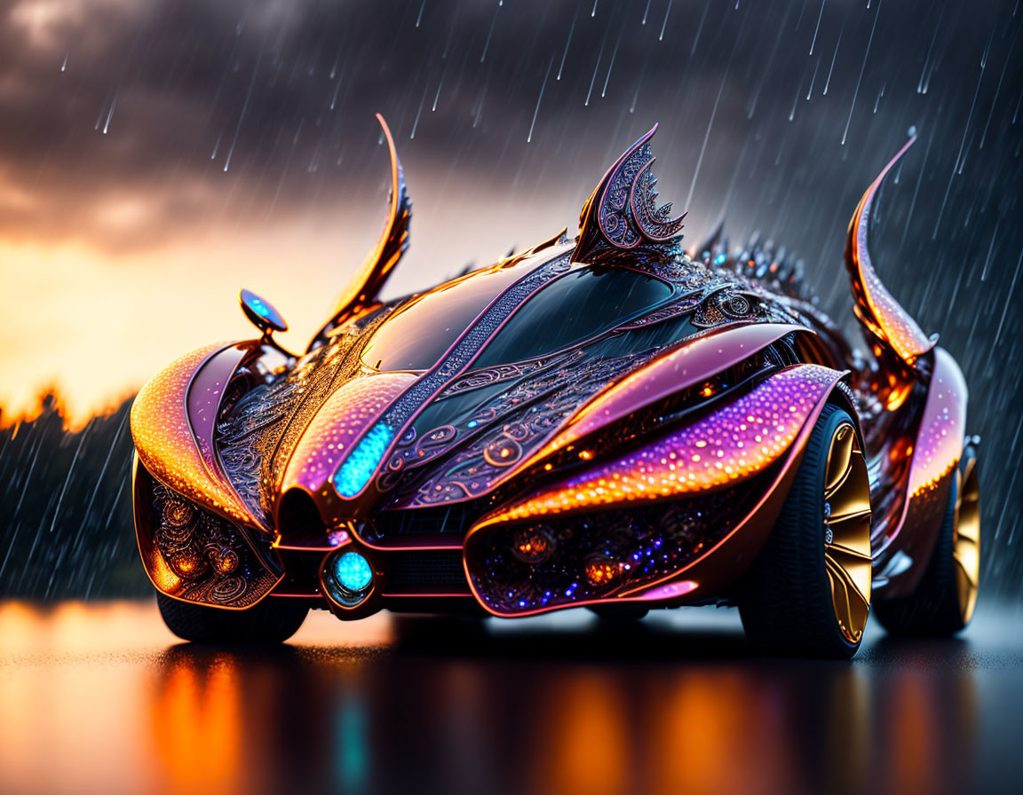 Futuristic iridescent car with organic design features under colorful sunset sky.