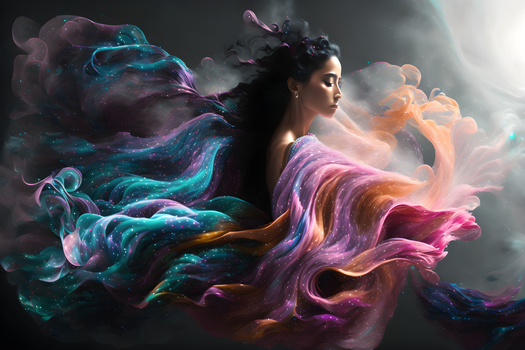 Woman in flowing gowns merges with cosmic swirl