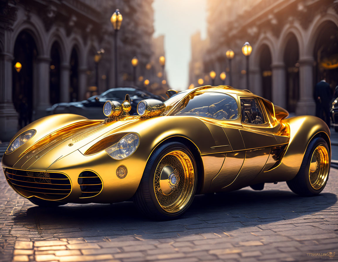 Golden Retro-Futuristic Sports Car Parked on Cobblestone Street