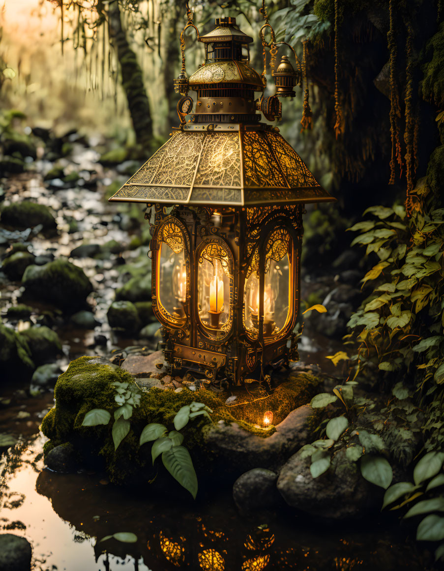 Ornate lantern with lit candles in serene woodland stream